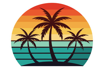 Dark palm trees sit against a retro style sunset with a transparent background