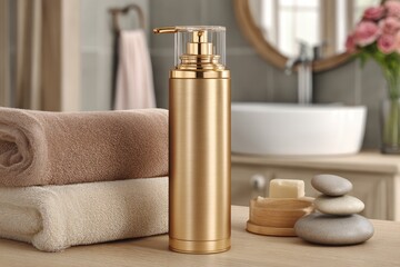 Golden pump bottle on bathroom vanity