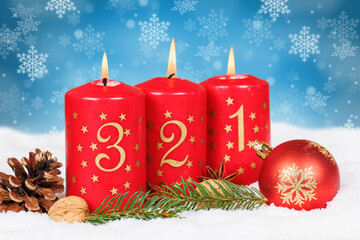 Third 3rd Sunday in advent with burning candle Christmas card time winter background with copyspace copy space
