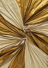 Golden Symmetry: Captivating overhead shot of meticulously arranged golden palm leaves, showcasing intricate patterns and radiating a luxurious aesthetic, a perfect blend of nature and design.