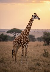Obraz premium Majestic Giraffe in African Savannah: A tall giraffe stands gracefully amidst the vast African savannah under a beautiful sunset. The image evokes a sense of wonder.