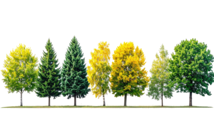 Row of diverse trees in various autumnal hues against a dark background