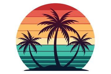 Three dark palm trees stand against a striped orange and blue retro sunset
