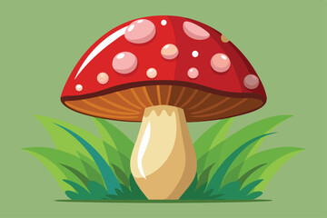 Cartoon mushroom with a red cap and cream spots among green grass on light background