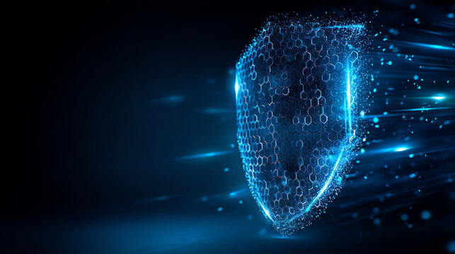 Digital blue shield composed of hexagonal patterns emits glowing particles, symbolizing cybersecurity and data protection in a futuristic, high-tech environment