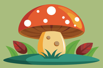 Red capped cartoon mushroom stands proudly on a tuft of grass amid vibrant leaves