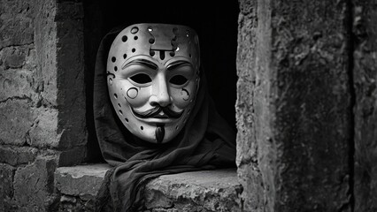 Masks reflecting mystery and tradition in an ancient stone window during twilight in a forgotten village
