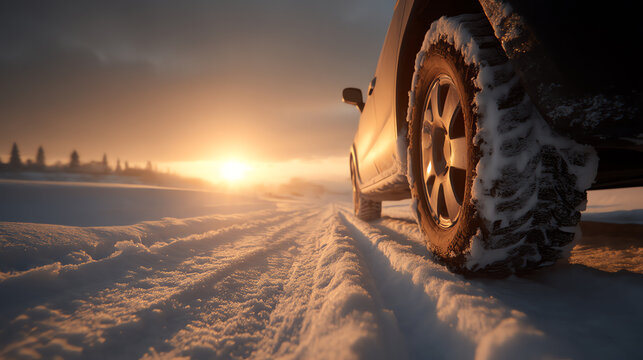 A rugged vehicle drives through a snowy landscape at sunset, leaving deep tire tracks in the fresh snow under a warm, glowing sky