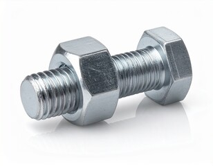 A short metal bolt with two hex nuts threaded tightly on both ends, displayed on white