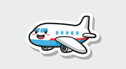 Cute cartoon airplane sticker, illustration of a friendly aircraft with happy face and wings, perfect for travel and aviation themes