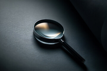 A magnifying glass with a black handle rests on a dark textured surface, reflecting soft light in a low-key, moody setting