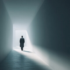 Obraz premium Solitary figure traversing a minimalist corridor towards an uncertain future or destiny