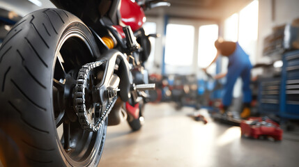 Close-up of a motorcycle's rear wheel and chain in a workshop, with a mechanic working blurred in the background amid tools and equipment