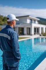 A man in work attire gazes at a modern house beside a clear swimming pool, set against a beautiful landscape under a blue sky.
