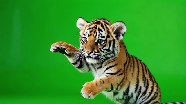 Cute tiger cub reaching out with its paw against a bright green background in studio shot portrait animal green screen video