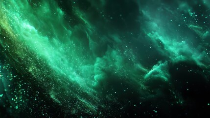 Naklejka premium Luminous green energy particles in deep space, abstract holographic gradient for sci-fi branding or game visuals, cinematic dark mystery ambiance