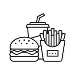 Fast food combo meal icon with burger, french fries, and soda drink. Black and white line art vector illustration for junk food or takeaway menu.
