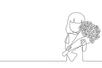 Continuous one line drawing a girl carrying a bouquet of flowers. Very beautiful red roses for mother. Fragrance and beauty. Bring Flowers To Someone Day. Single line draw design vector illustration