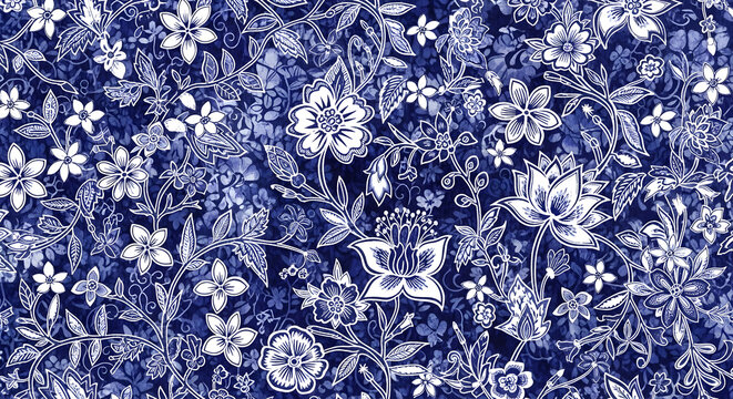 Elegant seamless floral pattern with an indigo dye effect. Classic botanical illustration background inspired by traditional chintz and batik textiles