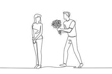 Single continuous line drawing man carries bouquet of flowers and wants to give it to a woman. Chasing the woman of the dreams. Love. Bring Flowers To Someone Day. One line design vector illustration