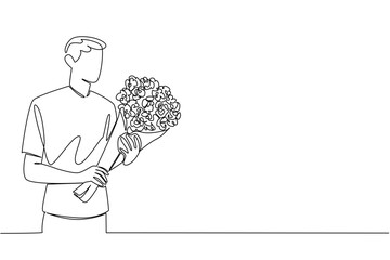Continuous one line drawing young handsome man carrying a bouquet of flowers. Roses are a symbol of great love. Dream lover. Bring Flowers To Someone Day. Single line draw design vector illustration