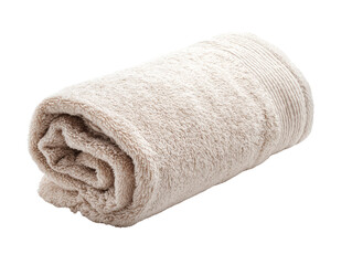Rolled beige towel, soft cotton fabric, clean, fluffy, isolated, home bathroom accessory
