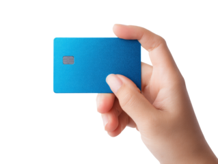 Blue card hand chip plastic isolated transparency background payment financial
