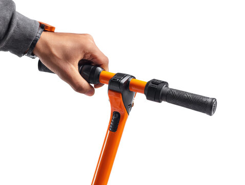 Hand holding orange electric scooter handlebar, close up, isolated, modern urban transport