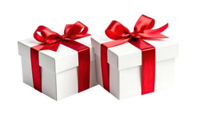 Two white gift boxes with red ribbons and bows