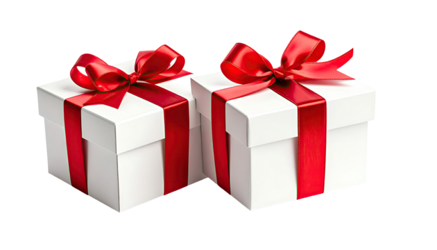 Two white gift boxes with red ribbons and bows