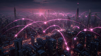 Smart City Network with Glowing Data Connections