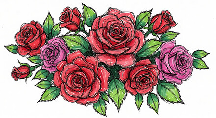 Fototapeta premium A vibrant illustration of a cluster of blooming roses and green leaves.