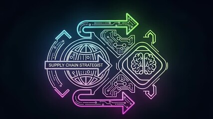 Supply Chain Strategist in Action: A neon illustration of supply chain concept with an animated globe, brain, and arrows that represent the flow of information and materials - Powered by Adobe