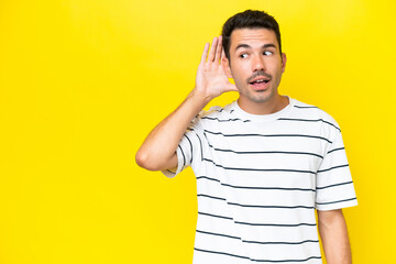 Young handsome man over isolated yellow background listening to something by putting hand on the ear