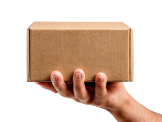 Hand holding cardboard box delivery shipping packaging isolated brown closeup horizontal
