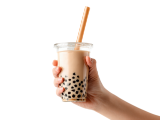 Hand holding bubble tea cup with straw, brown sugar boba, sweet drink, isolated transparency