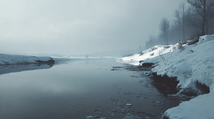 Misty winter landscape with snow-covered riverbanks and a calm river reflecting the sky.