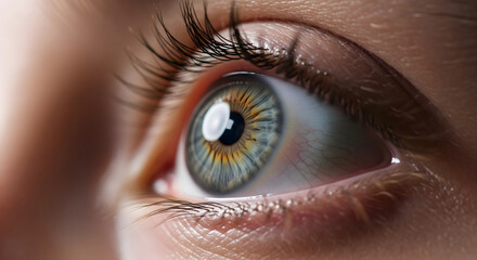 Naklejka premium Extreme close up view of a human eye showing the iris with intricate patterns eyelashes and subtle skin texture details