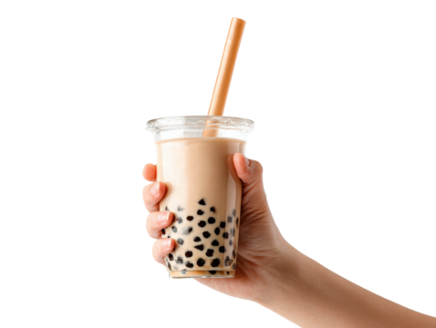 Hand holding bubble tea cup with straw, brown sugar boba, sweet drink, isolated transparency - Powered by Adobe