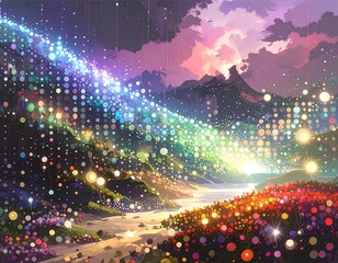 Colorful, glowing landscape with a magical river