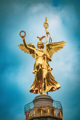 Berlin Victory Column (Siegess&auml;ule) &mdash; Golden Winged Victory Close-Up
 &ldquo;Goldelse&rdquo; with Laurel Wreath and Standard against Sky, Berlin