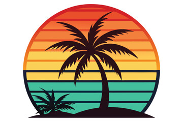 Palm tree silhouette graces the beach with sunset horizon, showcasing tropical serenity