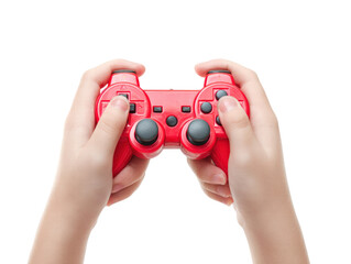 Fototapeta premium Hands holding red game controller, isolated, playful, close up, technology, gaming, fun
