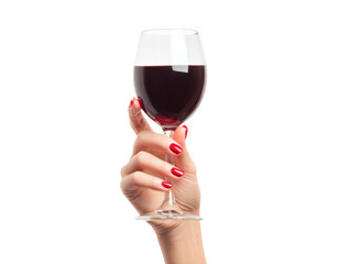 Woman hand red nail holding wine glass red wine isolated elegance celebration transparency