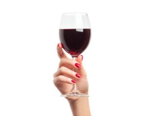 Woman hand red nail holding wine glass red wine isolated elegance celebration transparency