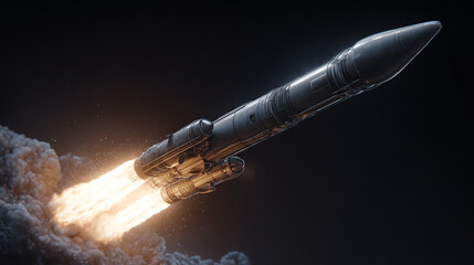 Obraz premium A rocket launching into space with bright flames and smoke against a dark background