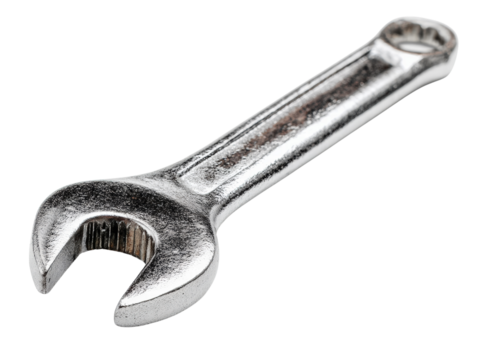 Open end wrench metal tool silver isolated closeup industrial repair maintenance equipment