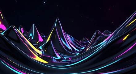 Experience the dynamic, abstract allure of a dark, fluid landscape illuminated by vibrant neon reflections and shimmering stars, perfect for futuristic themes.