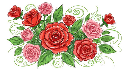 A vibrant illustration featuring a cluster of red and pink roses with green leaves and swirling tendrils on a white background.