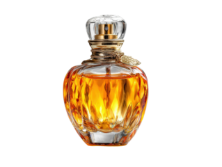 Perfume glass bottle fragrance luxury elegant transparent gold accent isolated clear background
